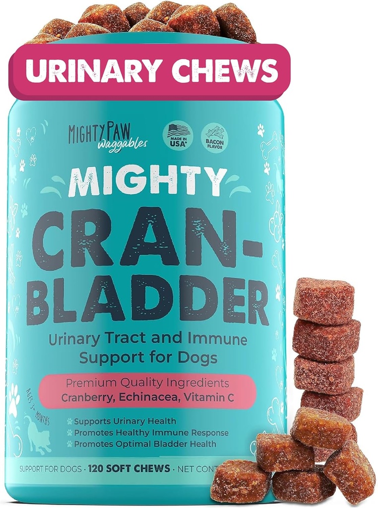 Fundables de patas potentes Cran-Bladder (Made in the USA) ¦ Vet Formulated Cranberry Supplement for Dogs – Cranberry Chews for Dogs, Urinary Tract & Bladder Support, Bacon Flavored, 120 Soft Chews