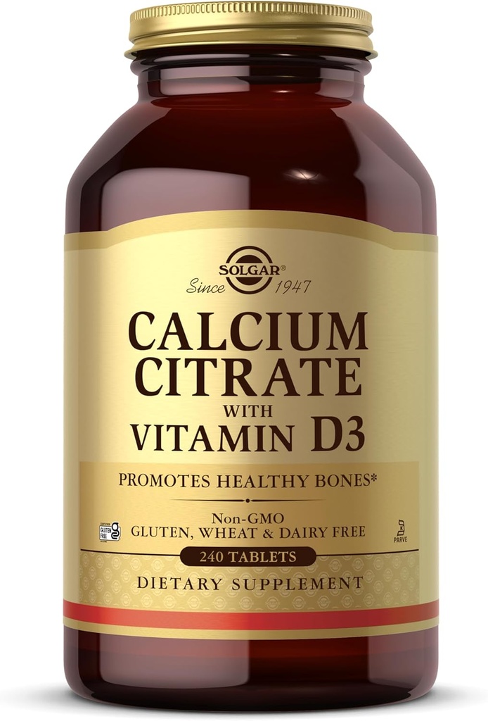 Citrato de Calcio Solgar con Vitamina D3, 240 Tabletas - Promueve Huesos saludables " Dientes " , Admite Sistemas Musculoesqueléticos " Nervous - Non-GMO, Libre de gluten, Libre de lácteos, Kosher - 60 Servimientos
