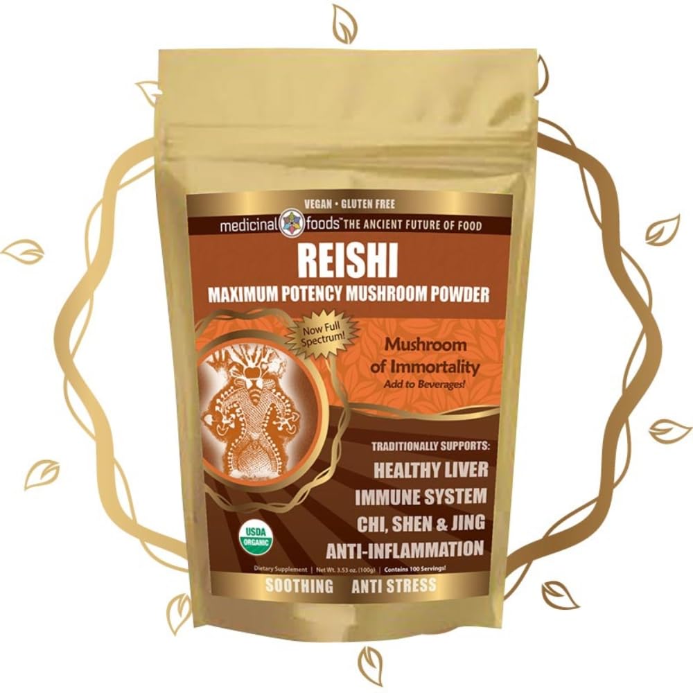 Alimentos medicinales Reishi Mushroom Powder - Potencia más alta, Full-Spectrum, Soothing, Anti-Stress, Para Smoothies " Té, Orgánica, Vegan, No Gluten-Free (100 porciones)