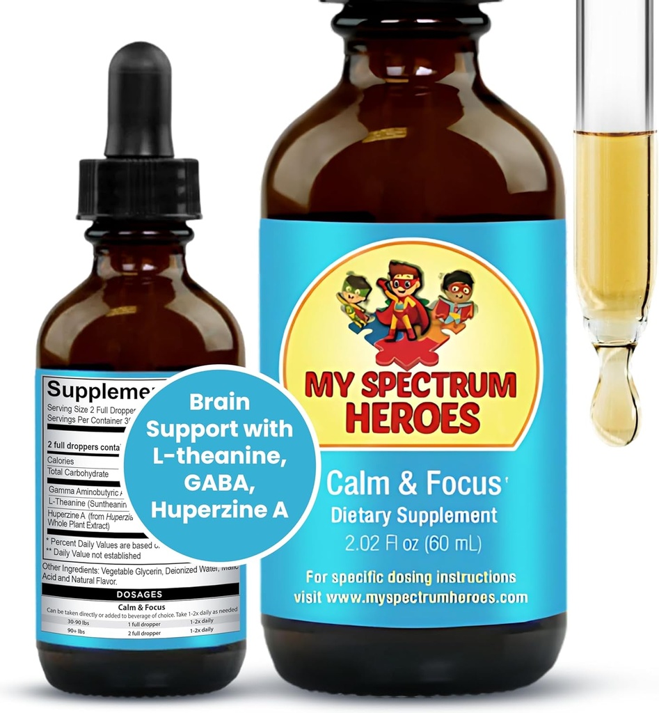 My Spectrum Heroes Calm & Focus Supplement Drops - Brain Support with L-theanine, GABA, Huperzine A - Enhance Focus for Kids or Adults - Boost Concentration for Kids &amp; Teens - 2.02 FL oz. (60 ml)