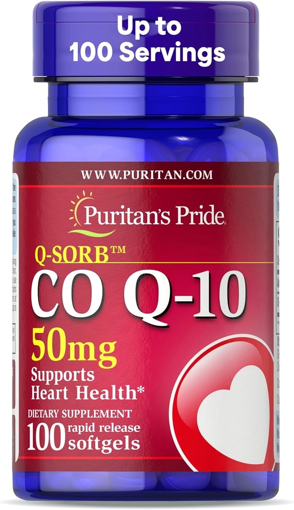 Coenzima del orgullo de Puritan CoQ10 50 mg, Suplemento dietético para la salud del corazón, presión arterial, salud del Gum oral y apoyo al envejecimiento saludable, 100 servicios, liberación rápida Softgels