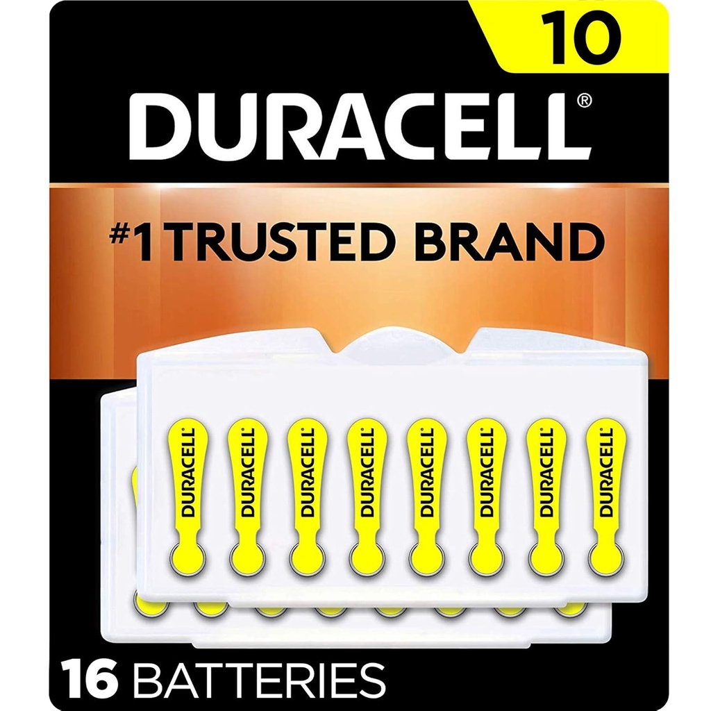 Ayuda de Audición de Duracell Batteries Amarillo Tamaño 10, 16 Conde Pack, 10A Tamaño Ayuda de Audición Batería con potencia duradera, Extra-Long EasyTab Instala para dispositivos de ayuda de Audición