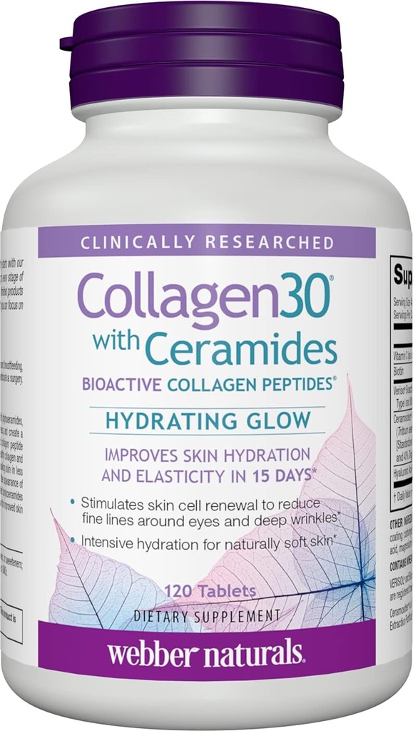 Webber Naturals Collagen30 con Ceramides, Bioactive Collagen Peptides, 120 Tablets, Hydrating Glow, Ayuda a mejorar la hidratación de la piel, elasticidad " Smoothness, Non GMO, Dairy " Gluten Free