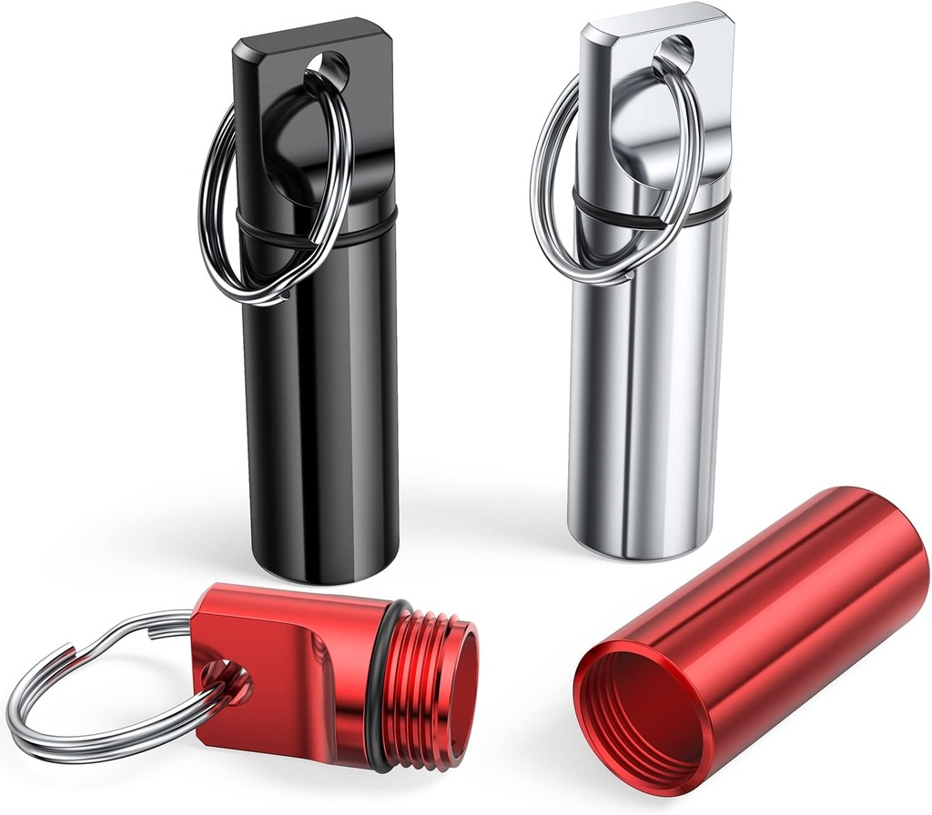 Pequeña caja de almohadas portátiles llavero (3 Pack), Aleación de aluminio Mini Pill Organizer Case Container for Purse,Waterproof Metal Pill Holder Medicine Bottle for Outdoor Camping Travel(Black+Silver+Red)