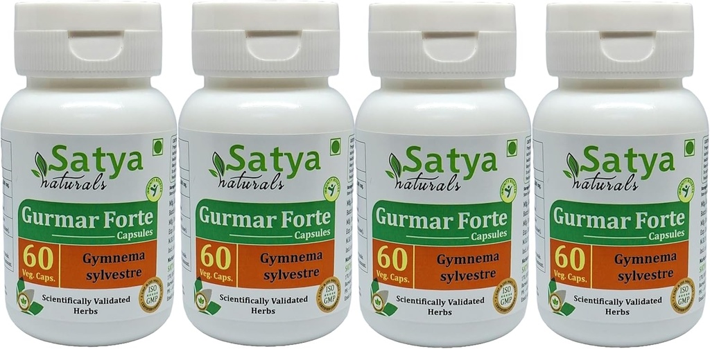 Gurmar Forte Capsules 500 mg. 60 Veg. Capsule | Gudmar (Gymnema Sylvestre) Extract Capsules for Men and women | Ayurvedic Herbal Supplement/Remedies | 10:1 Forte (4 Bottles of 60 Capsules)