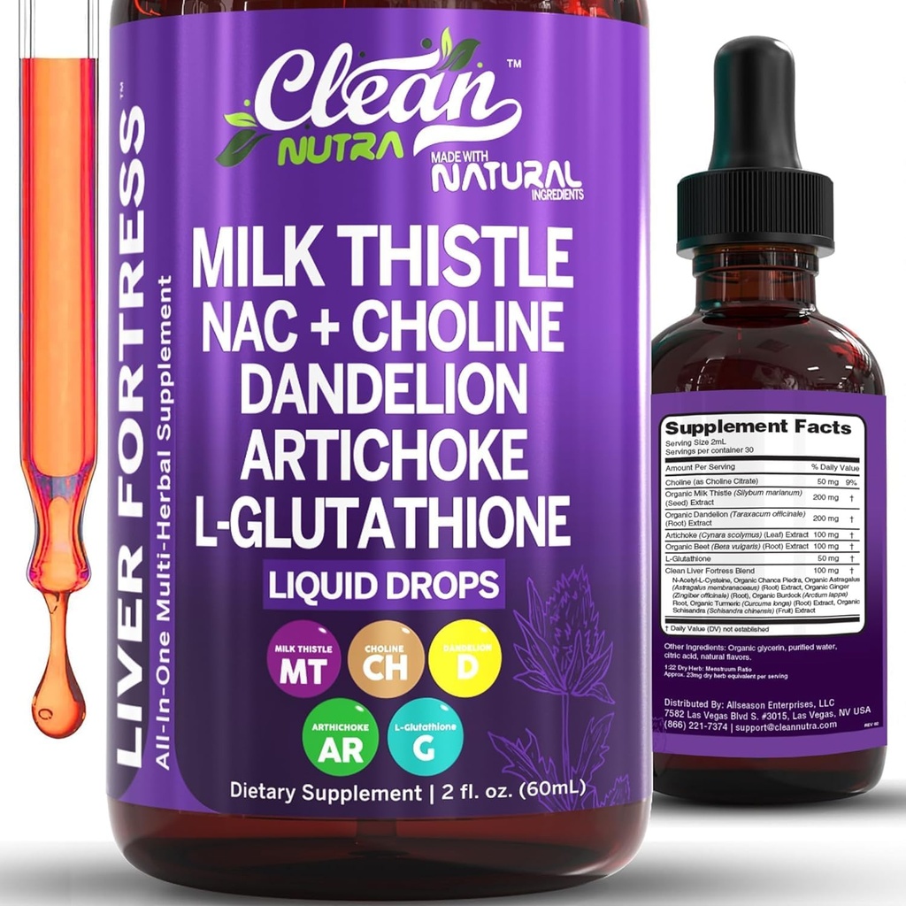 Clean Nutraceuticals Milk Thistle NAC Liver Cleanse Detox &amp; Repair Supplement Liver Support Liquid Drops with Dandelion Extract, Artichoke, Chanca Piedra, Choline, L-Glutathione, Burdock, Schisandra