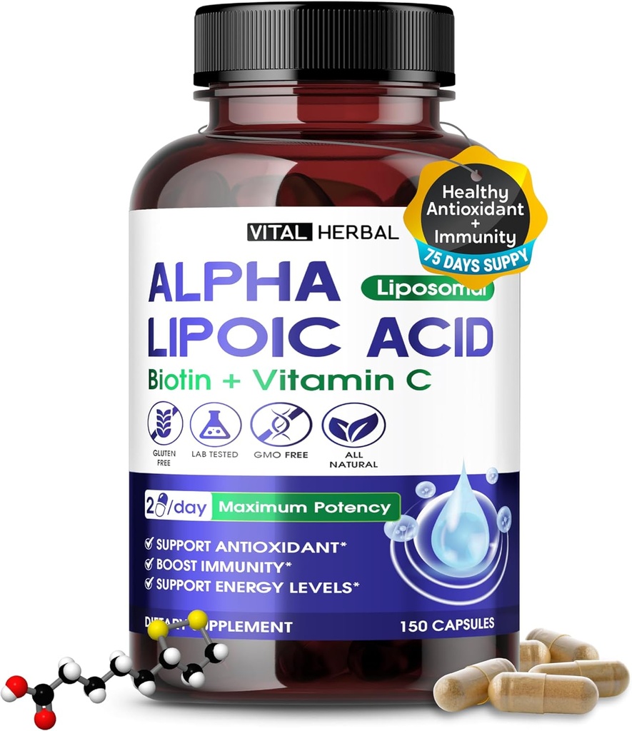 VITAL HERBAL Liposomal Ácido Lipoico alfa con Biotina, Vitamina C- Potencia máxima - Apoyo a la inmunidad, niveles de energía- hechos en los EE.UU.