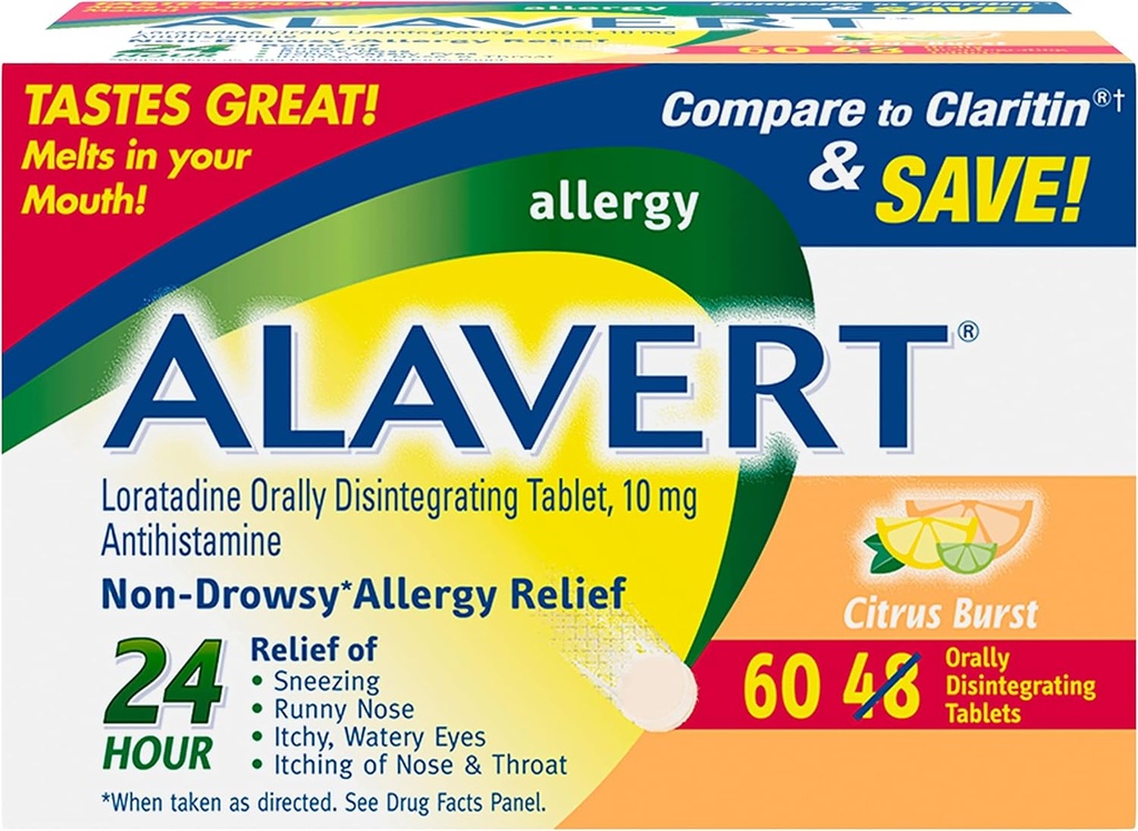 Alavert Alergía 24 horas Alivio, Citrus Burst Flavor, Disintegración oral Tablas de Alergia, Antihistamínico no somnoliento, Loratadine 10mg, 60 Cuenta