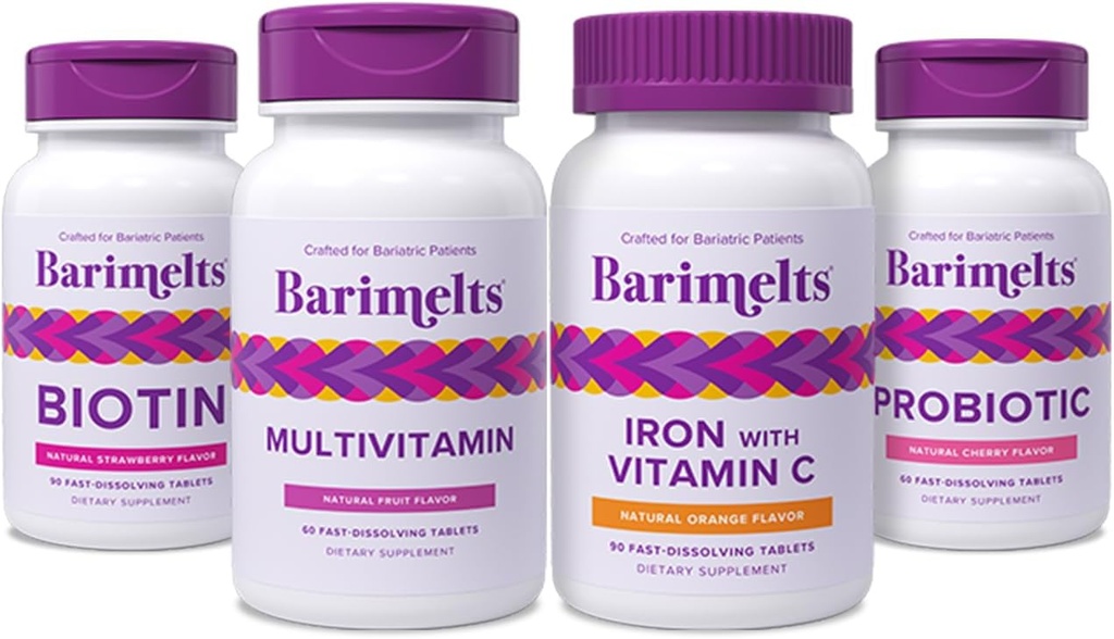 BariMelts Full Post-Bariatric Surgery Bundle - Multivitamin, Hierro con vitamina C, Biotina y Probióticos
