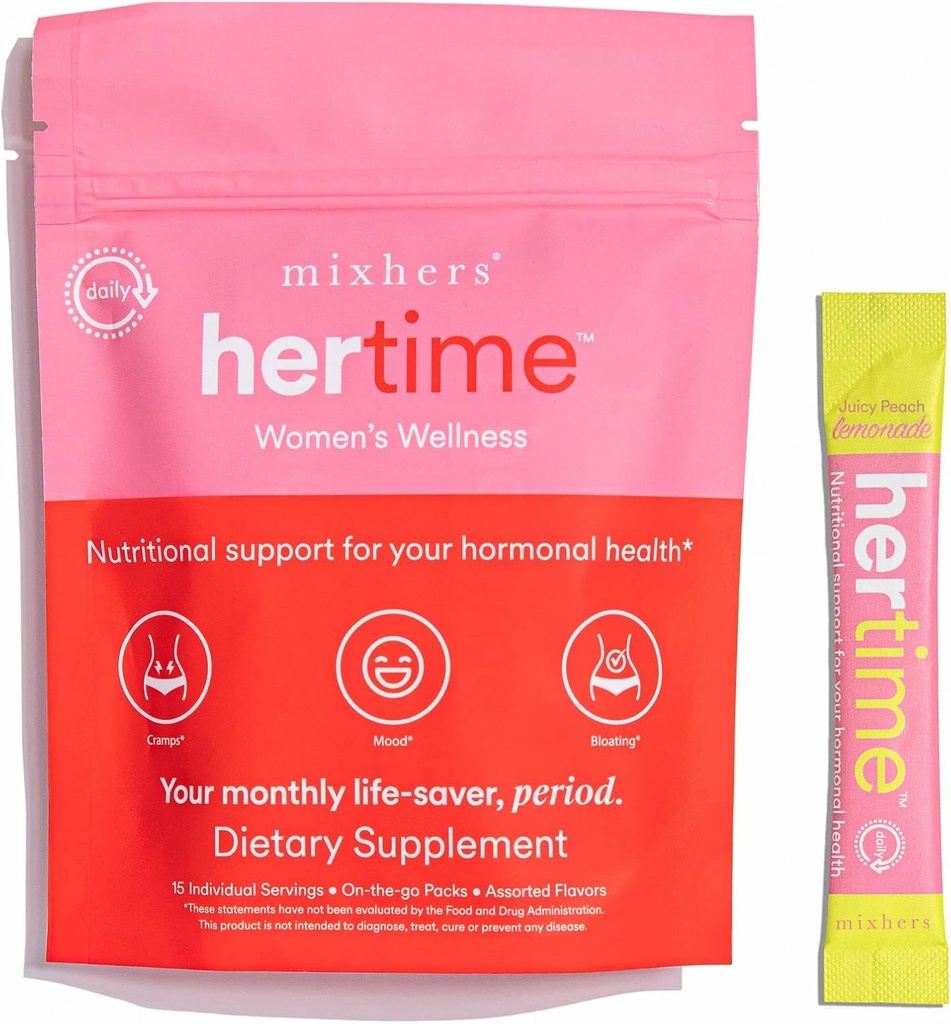 MIXHERS Hertime PMS - Supports Hormonal Health for Women - Supports a Healthy Menstrual Cycle - with Minerals, Peony Roots, Siberian Ginseng - Sugar-Free - 15 Packets de Bebida - Peach Lemonade