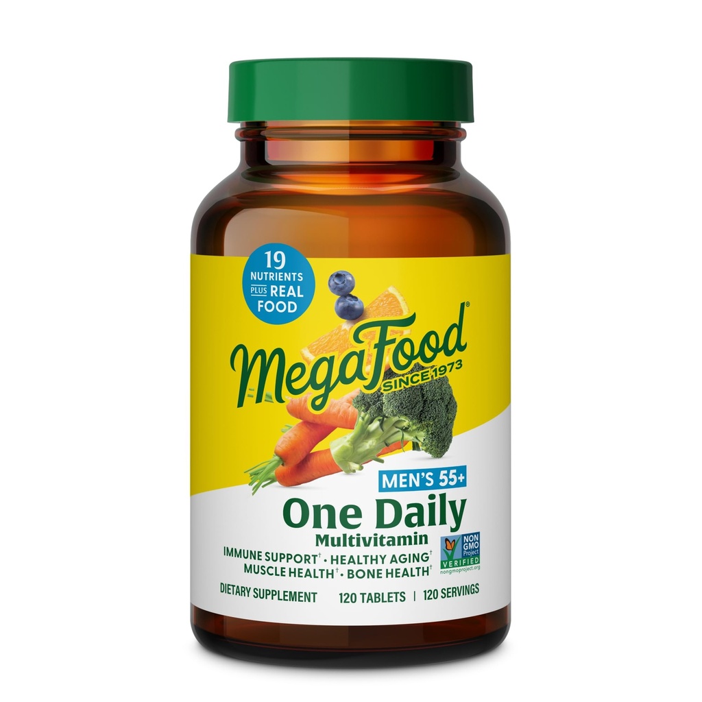 MegaFood Hombres 55+ One Daily - Multivitamínico para Hombres con Vitamina B12, C, D & Zinc - El envejecimiento óptimo &amp; Suplemento de Apoyo Inmunitario - Vegetariano - Hecho sin 9 Alérgenos Alimentarios - 120 Tabs