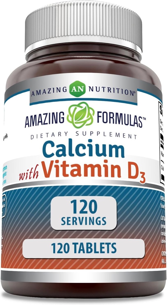 Fórmulas asombrosas Calcio con Vitamina D3 Suplemento TENIDO Tablets TENIDOS NO-OMG TENIDO Gluten-Free TEN Made in USA (1 Pack ANTE 120 Conde)