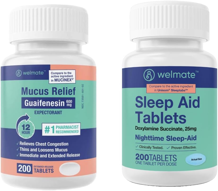 WELMATE Nighttime Wellness Bundle: Mucus Relief Guaifenesin 600mg Mucus Relief (200 Ct) & Doxylamine Succinate 25mg Sleep Aid (200 Ct) ← Extended Relief for Restful Sleep