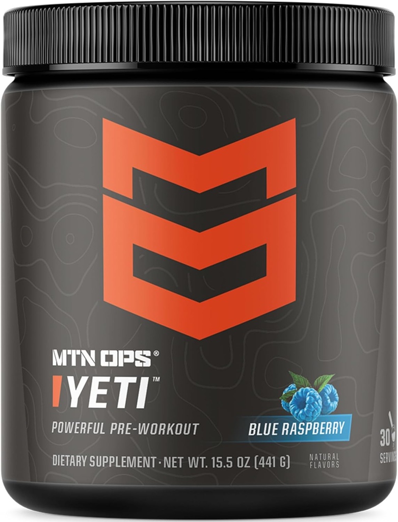 MTN OPS Yeti Pre-Workout Powder Energy Drink with Creatine, 200mg Caffeine &amp; BCAAs with Beta Alanine, 30-Serving Tub, Blue Raspberry