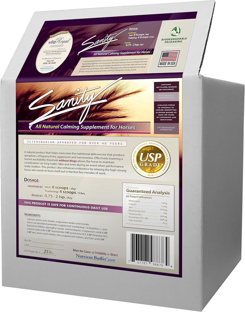 Sanity - Equine Behavioral Calming Focus Suplemento para Caballos - Magnesio, Calcio, Zinc, B Vitaminas, Aminoácidos, Probióticos, Thiamine, Folic Acid, Niacin, Peppermint &amp; More