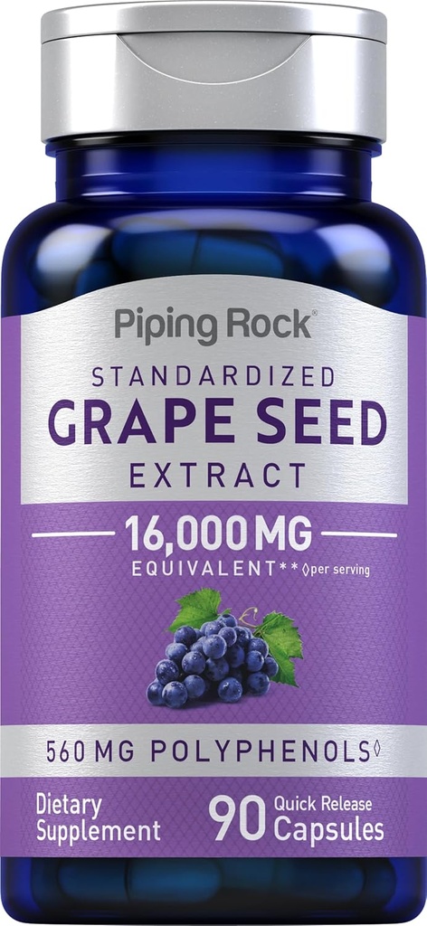 Piping Rock Grape Seed Extract Capsules ← 16.000mg ← 90 Píldoras Silencio Vitis Vinifera Suplemento Silencio No GMO, Gluten Free