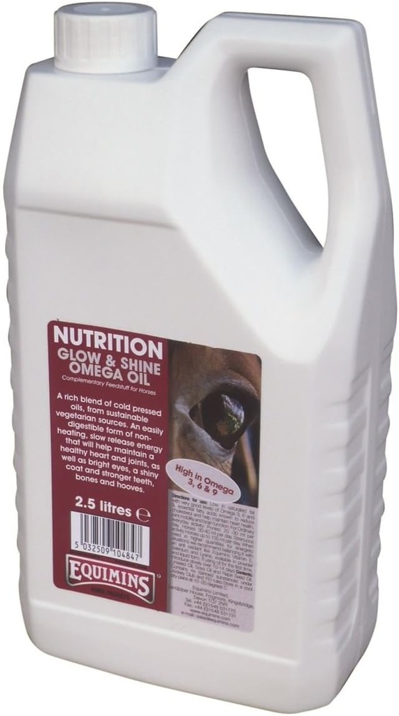 Aceite de Glow y Shine Omega, Equimins, Nutrición de Caballos y Suplementos, 2.5L