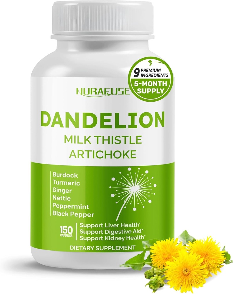 Dandelion Milk Thistle Artichoke Burdock Turmeric - Apoyo a la salud del hígado, ayuda digestiva - Hecho y probado en los EE.UU.