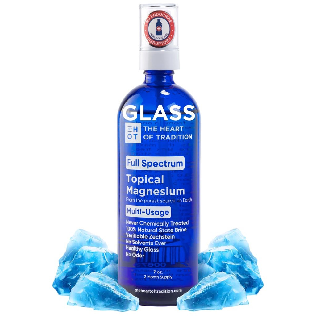 Botella de vidrio de la antigua Zechstein Sea y Trace Mineral 7 floz - Aceite de rayos de magnesio puro transdérmico para pies, relajación muscular, calambres de las piernas, sueño y salud general