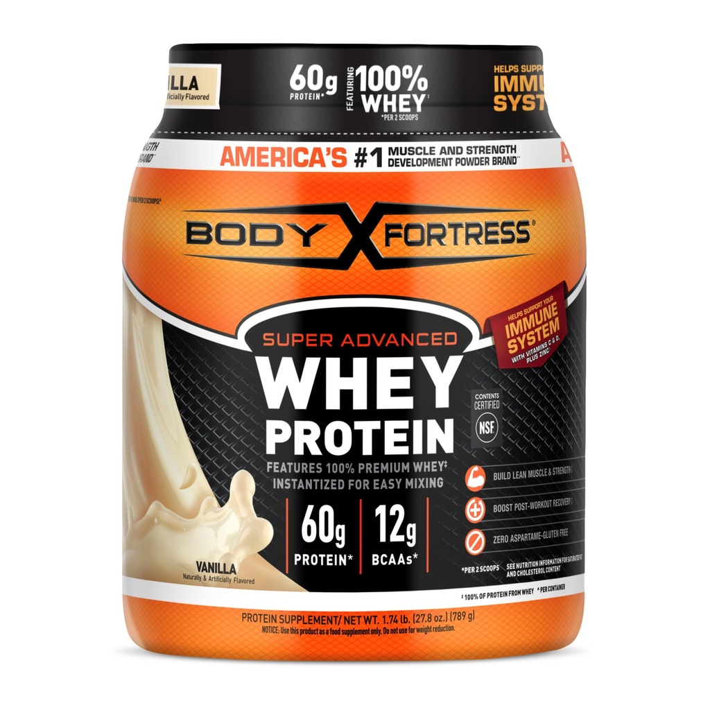 Fortaleza Corporal Super Advanced Whey Protein Powder, Vainilla, Immune Support (1), Vitaminas C & D Plus Zinc, 1,74 lbs
