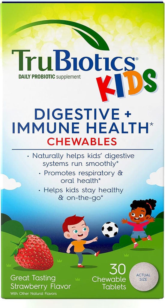 TruBiotics Probiotics for Kids Digestive & Immune Health Support, Sugar-Free Chewable Kids Probiotic to Help Maintain a Healthy Tummy, Natural Strawberry Flavor, 30 Tablets