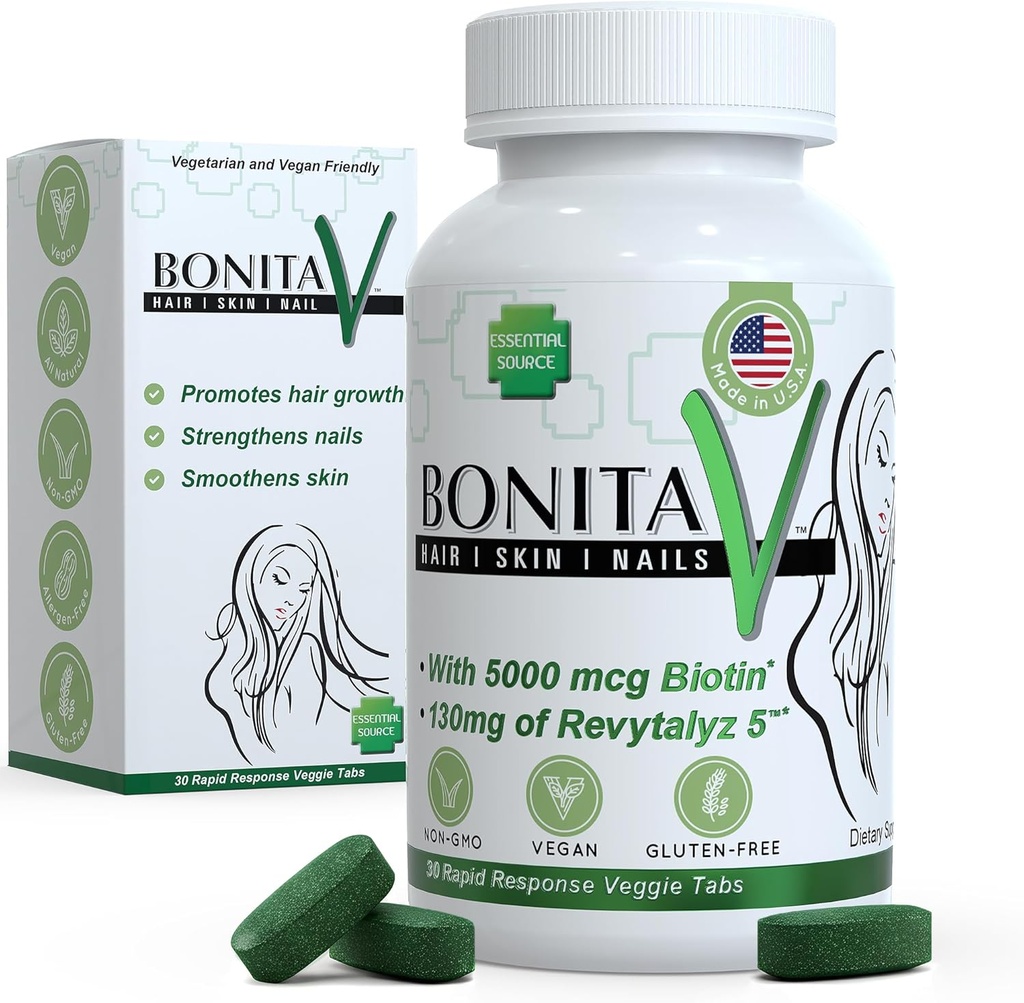 Fuente Esencial Biotina (Biotina Vitaminas) - Peluquería Piel uñas Vitaminas para Hombres - 5000 mcg - Hair Growth Support Suplementos - 30 Tabletas - con Revytalyz 5, Vitamina A, C, B12 - Hecho en EE.UU.