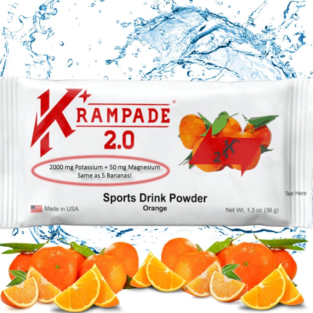 Krampade Potassium Magnesium Supplement Electrolytes Powder - 50 mg Mag + 2000 mg K, √2X Más que Coconut Water ¦ Cramp Relief ← Hydration Packets