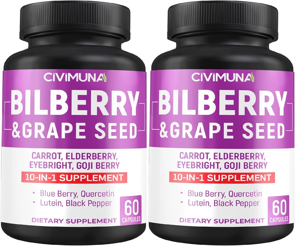 Bilberry Capsules with Bilberry, Grape Seed, Carrot, Elderberry and More - 120 Capsules forr 4 Months Supply (Pack of 2)