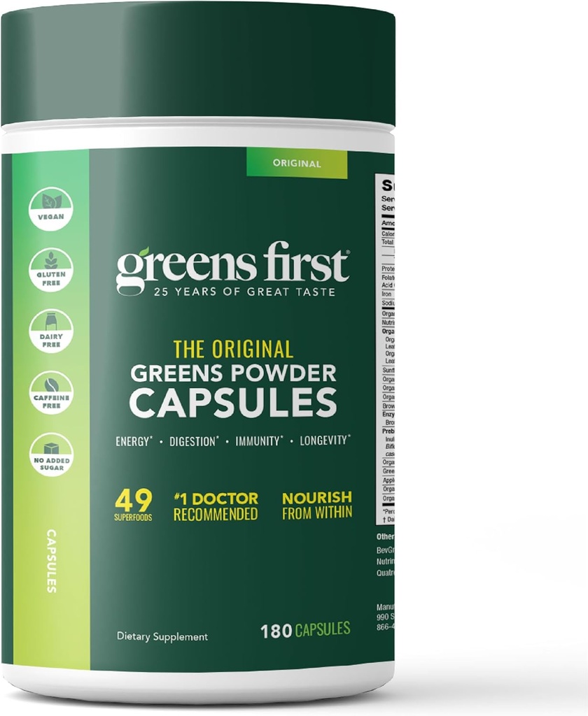 Primero Cápsulas de Fitonutrientes PRO - 30 Actuaciones - 54 Superalimentos Antioxidantes, Frutas Orgánicas & Verduras - Prebióticos, Probióticos & Enzimas Digestivos - Lácteos &amp; Sin Trigo, No GMO - 180 Cápsulas