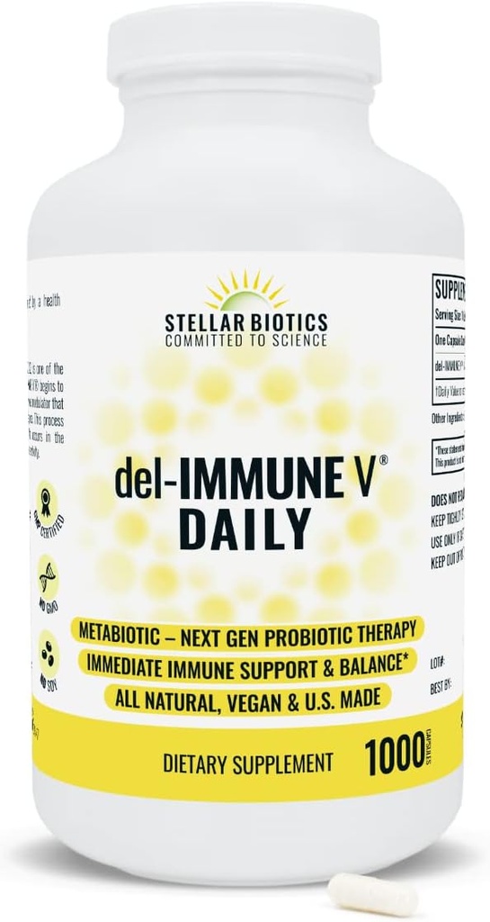 Del-Immune V® Daily by Stellar Biotics, All-Natural Immune Support &amp; Gut Health, Cuidado Inmediato, Metabiótico: NextGen Probiotic Therapy (1000 Caps)