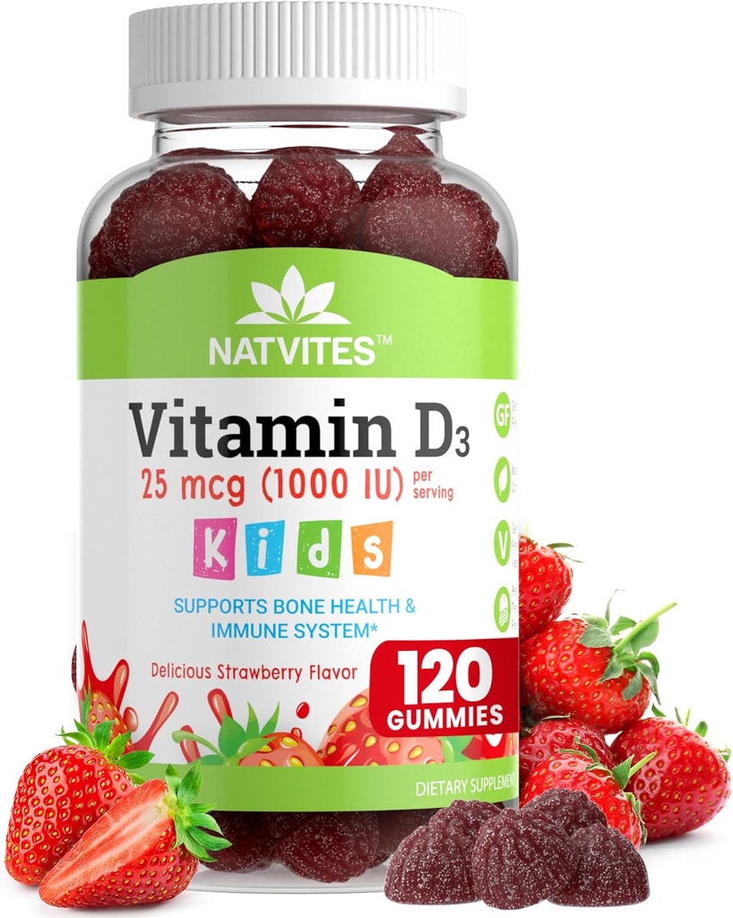 Vitamina D3 Gummies para niños - Vitamina D 1000 UI Pectin Gummy - Strawberry Flavored - Hueso Salud y Soporte Inmunitario Suplemento - No GMO, Gluten Gratis, Vegan, Nut & Dairy Gratis - 120 Conde (Pack of 1)