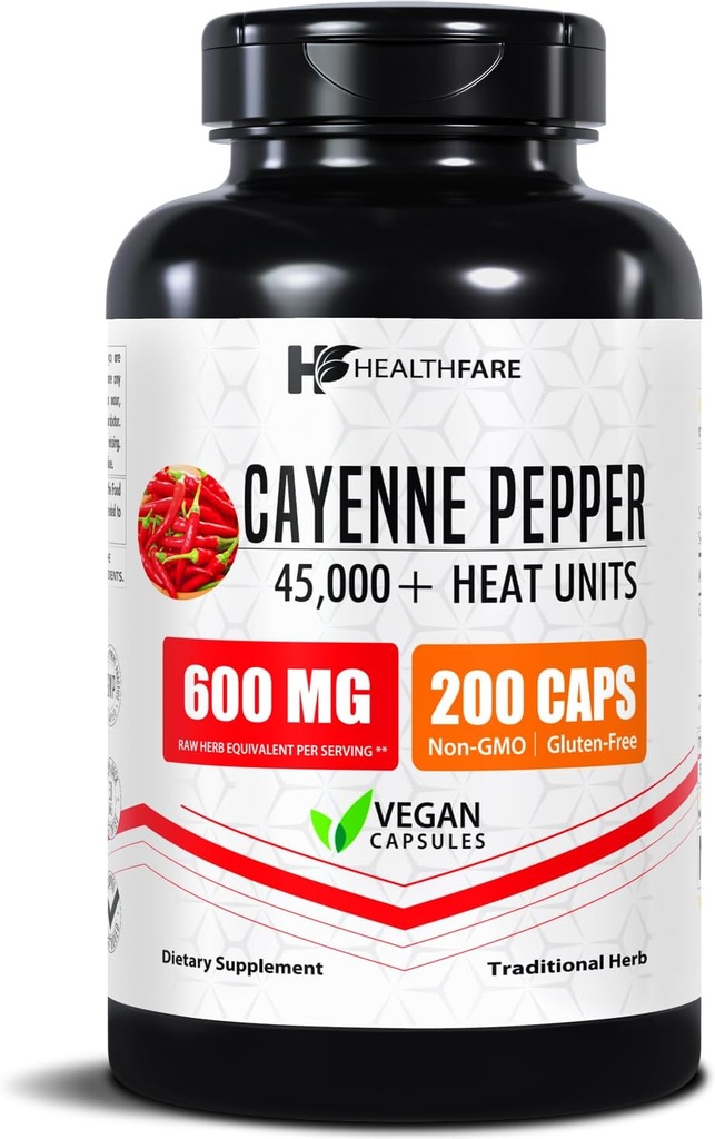 HealthFare Cayenne Pepper Capsules 600mg | 200 Vegan Pills | 45,000 Heat Units (HU) | Cardiovascular, Circulation & Digestive Support | High Potency Herbal Extract | Non-GMO, Gluten-Free | Made in USA