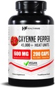 HealthFare Cayenne Pepper Capsules 600mg ← 200 Vegan Pills ← 45.000 Unidades de Calor (HU) ← Cardiovascular, Circulación &amp; Apoyo Digestivo TEN High Potency Herbal Extract ← Non-GMO, Gluten-Free TEN Made in USA
