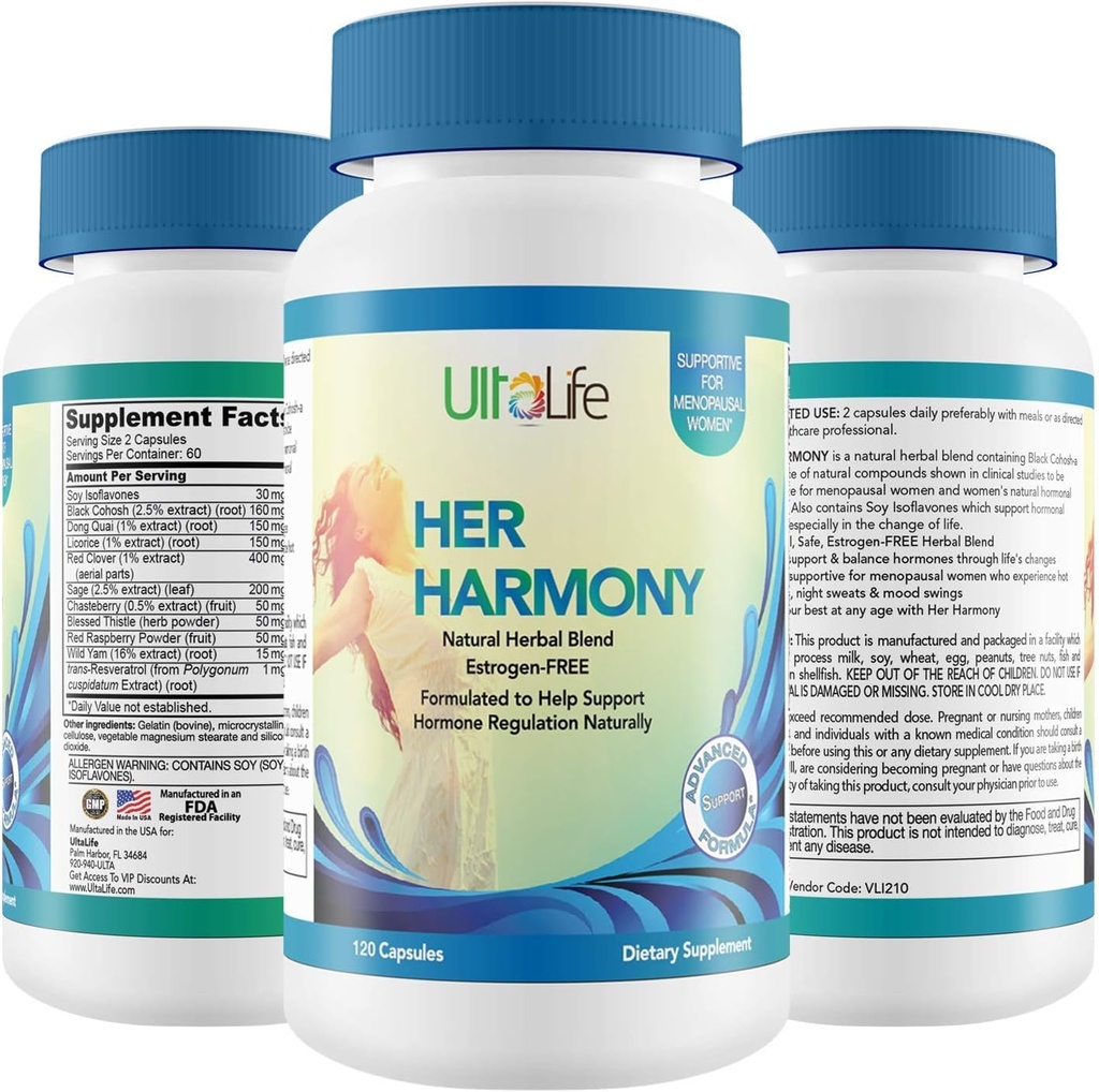 UltaLife Her Harmony Menopause Supplements for Women - Hot Flashes Menopause Relief &amp; Hormone Balance for Women - Contiene Black Cohosh, Dong Quai, Red Clover &amp; Más - Estrógeno Gratis - 120 cápsulas