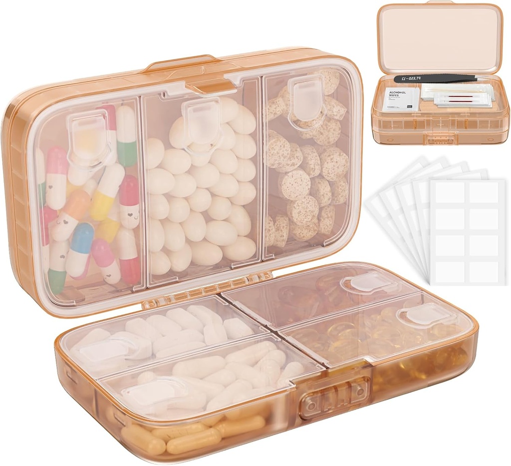 Organizador semanal de píldoras FYYY con etiquetas,8 Compartimientos Travel Daily Pill Case Airtight Caja de gran pill resistente a la humedad para mantener vitaminas, aceite de pescado, suplementos, Swab de algodón y Bandages-Brown