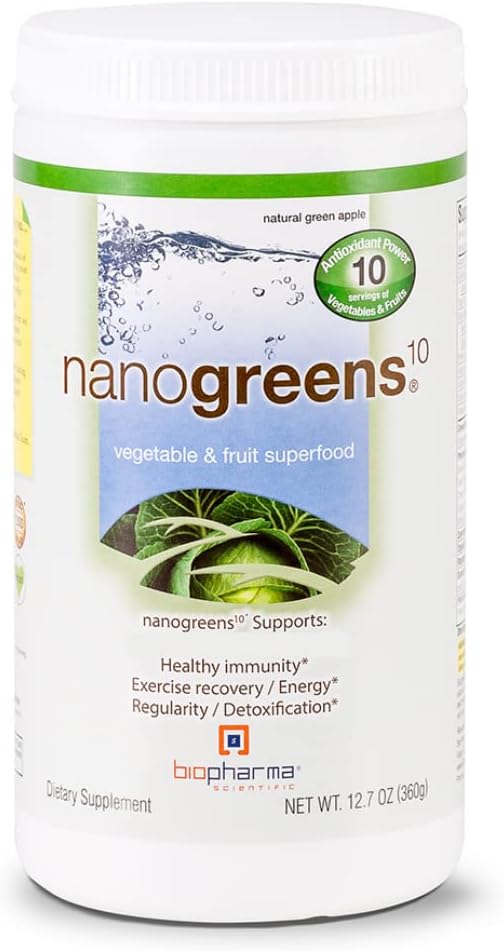 Biopharma Scientific NanoGreens: Greens Superfood Fruit " Vegetable Powder for Digestive Health " Immunity with Spirulina, Chlorella, Kale, Spinach, Plant Based, Green Apple Flavor, 30 Servings