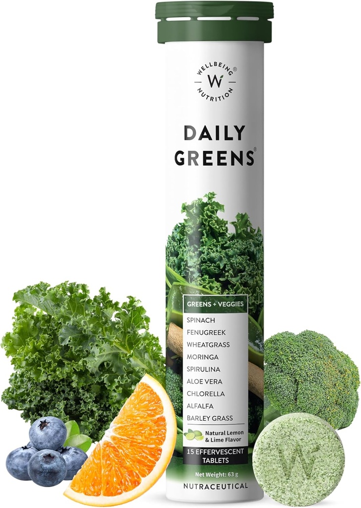 WELLBEING NUTRITION Daily Greens | Natural Lemon and Lime Flavour | 15 Tablets 63g (2.22Ounce)