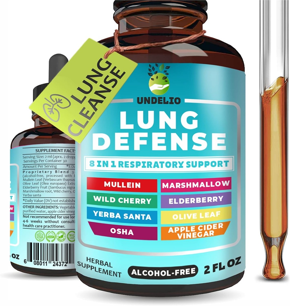 8 in 1 Lung Defense Herbal Extract, Blend (Mullein-Marshmallow-OSHA-Wild Cherry-Elderberry-Yerba Santa-Olive Leaf-ACV) Lung Cleanse, Respiratory & Immune System Support. Liquid Supplement 2 OZ