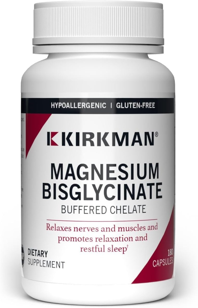 Kirkman - Magnesium Bisglycinate Buffered Chelate - 180 Capsules - Relaja Nerves & Muscles - Promociona el descanso - Hypoallergenic