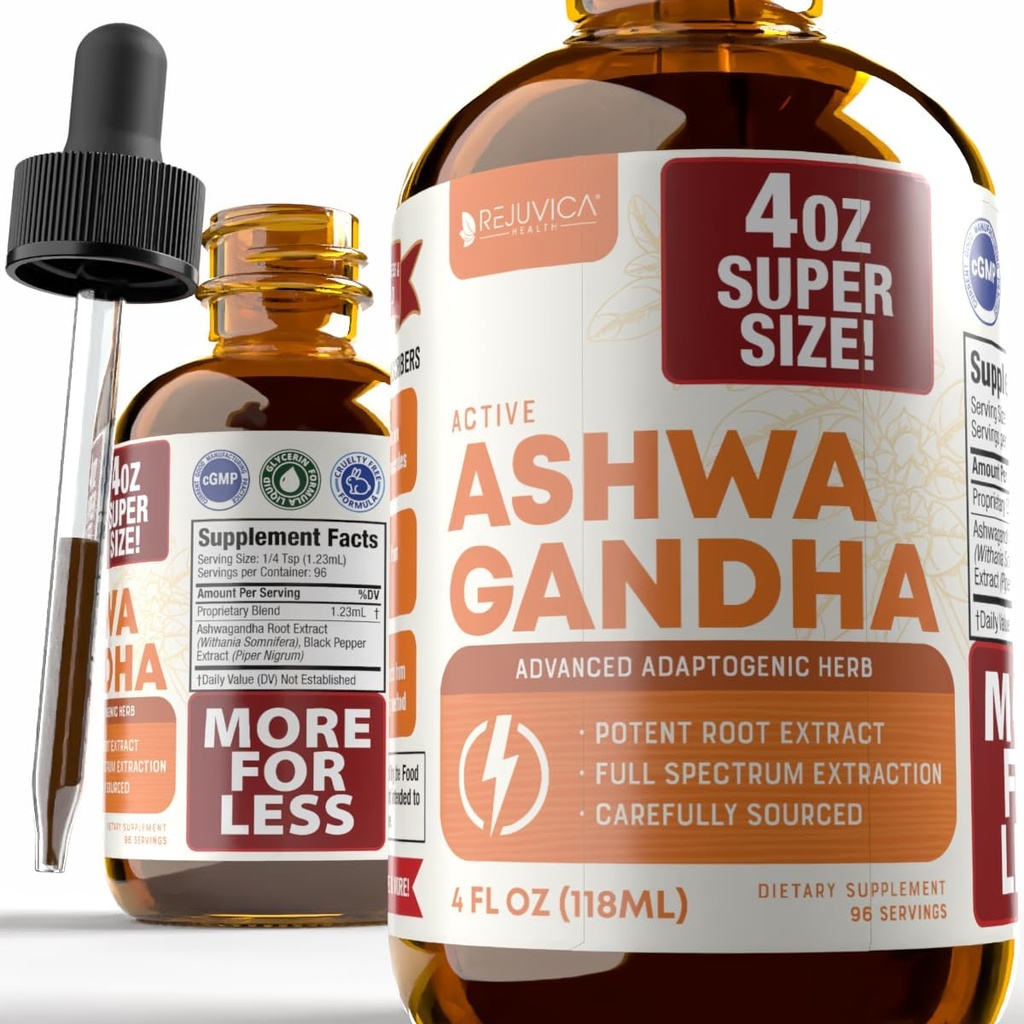 Rejuvica Health Active Ashwagandha 4oz XL Super Size - Advanced Liquid Supplement Tincture - Withania Somnifera Extract Drops - Ashwagandha Roots Only - Naturally Occurring Withanolides