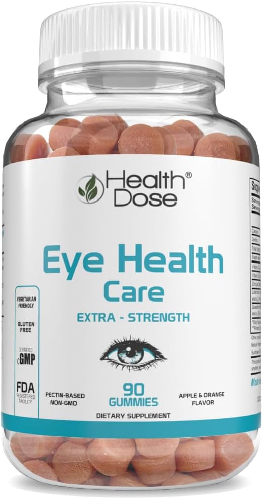 Health Dose Eye Health Care Vitamins with Lutein Zeaxanthin Support Eye Strain, Dry Eyes & Visual Performance Apple & Orange Flavor 90 Gummies.