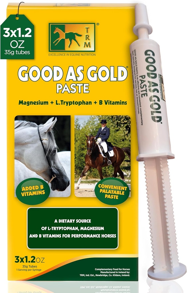 TRM Good as Gold Equine Calming Supplement Paste for Relaxation and Focus ← Tryptophan, Magnesium, B Vitaminas - 3 Qty x 1,23 oz (3 Qty x 35g) - 3 Qty x 1,23 oz