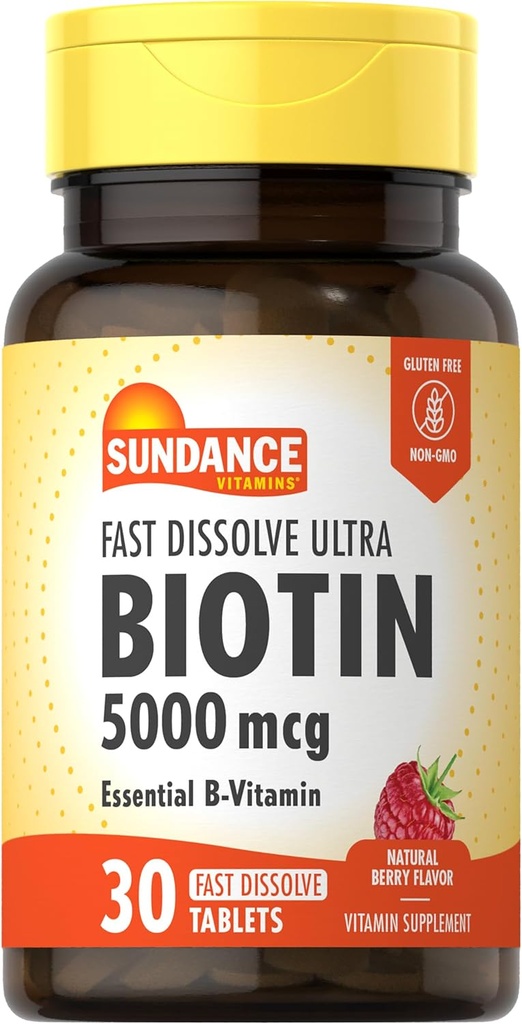 Sundance Fast Dissolve Biotin 5000mcg ← 30 Tablets ← Essential B-Vitamin ← Natural Berry Flavor  Vegetarian, Non-GMO, and Gluten Free Supplement