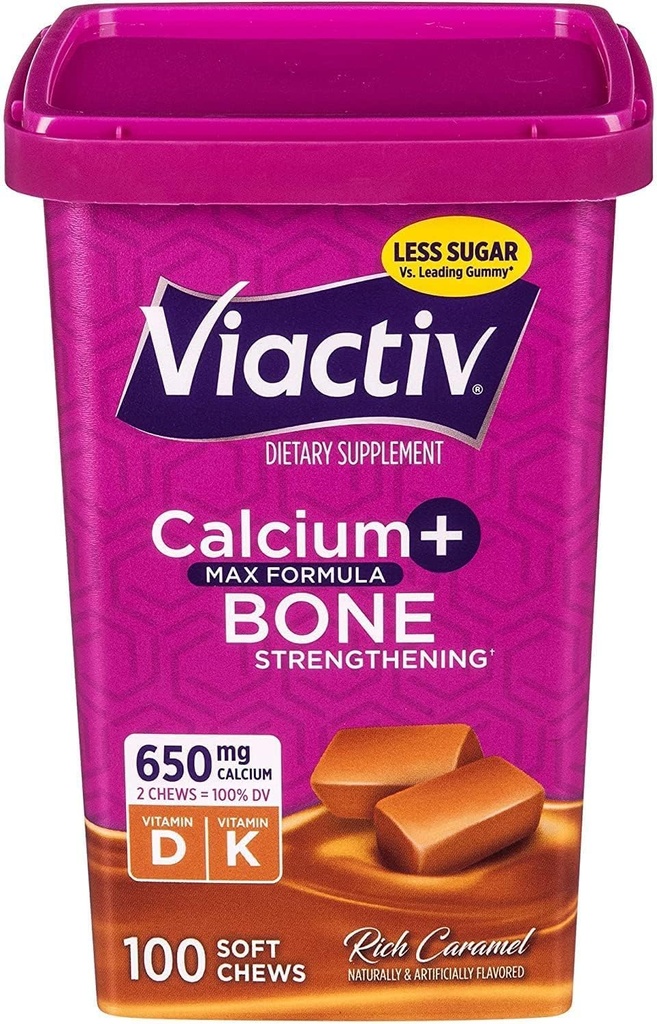 Viactiv Max Fórmula Calcio +Vitamin D3 Suplemento de Bone Health, Rich Caramel, 100 Soft Chews