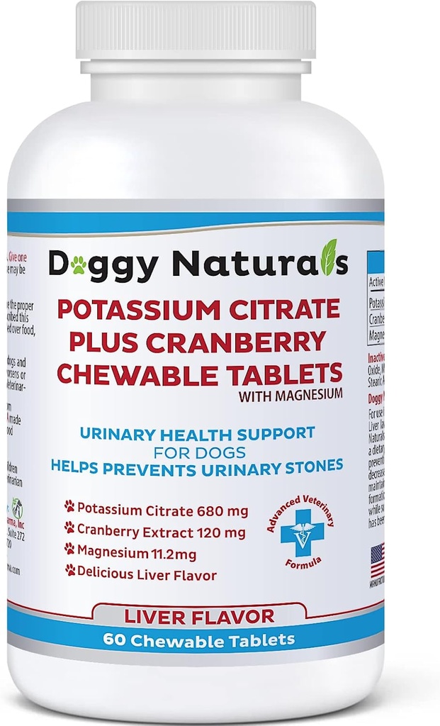 Citrato de potasio más arándano con suplemento de magnesio para perros (60 Tablets) - Apoyo a la tractrina urinaria - Ayuda a la formación de disuasión de piedras de oxalato de calcio-Deters Bladder & Kidney Stones(Made in U.S.A)