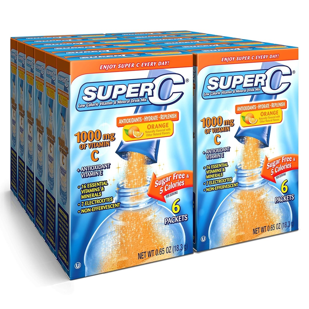 Super C Vitamina &amp; Mineral Drink Mix, Orange, 6 CT Singles To Go, Pack of 12 (72 Total Packets)