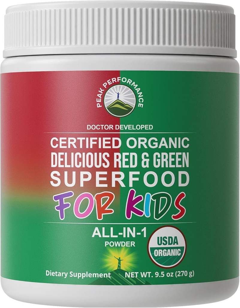 Niños Verdes y Rojos Superfood Powder. Best Tasting Organic Vegan Super Food Juice con 25+ Frutas reales y verduras. Gluten Free Real Food Vitamins. Suplemento de Superalimentos Verdes y Rojos para niños