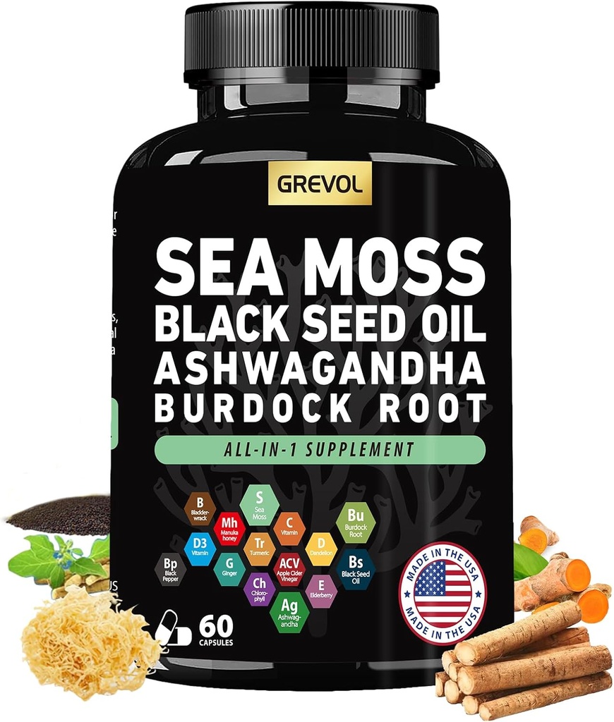 Sea Moss Black Seed Oil Ashwagandha Bladderwrack Burdock Root Turmeric &amp; Vitamin C D3 Elderberry ACV Black Pepper - Multimineral Supplement - 60 Count
