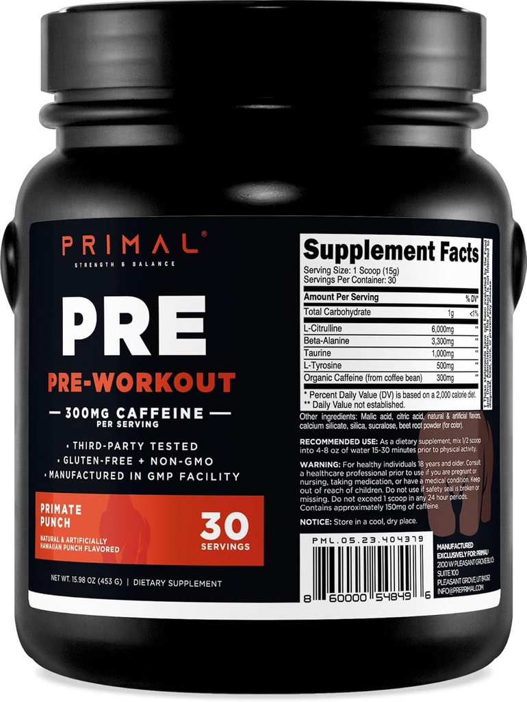 Primal Pre-Workout Primate Punch (30 Servings) (Tropical Flavored) - Gluten Free & Non-GMO
