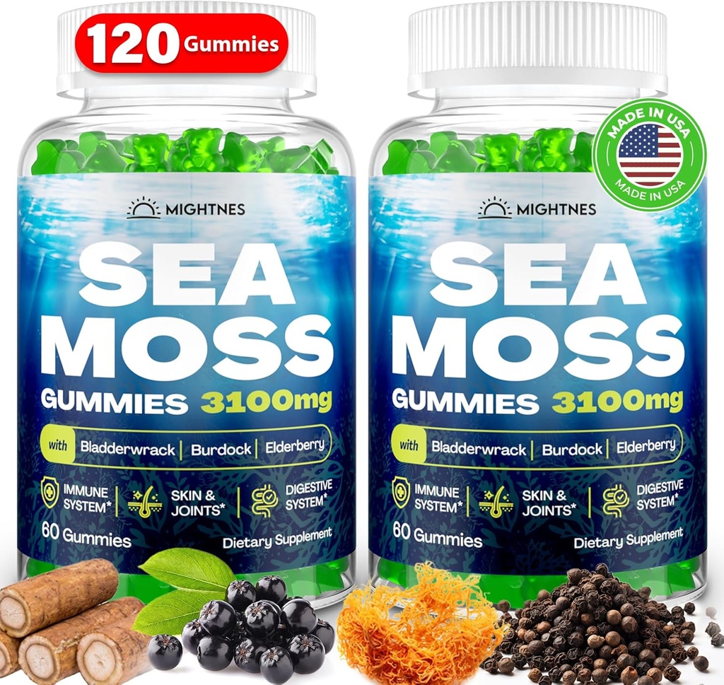 Sea Moss Gummies, 3100mg Irish True Sea Moss Seamoss Gummies for Women &amp; Men with Bladderwrack, Burdock Root, Elderberry Vitamin C and Zinc for Detox Cleanse, Immune, Skin, Digestive, Organic, 120Ct